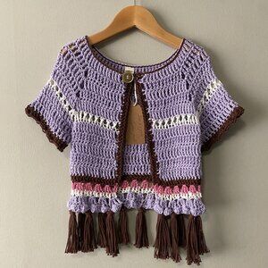 Handmade Crochet Purple Brown Pink White Childrens Fringe Short Sleeve Cardi